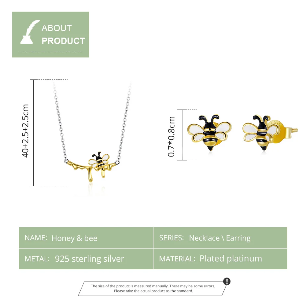 

bamoer Authentic 925 Sterling Silver Enamel Lovely Honey Bee Necklace Bee Earrings for Women Silver 925 Jewelry Set Statement