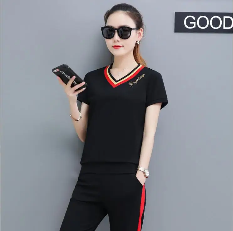 

2019 new Women Two-Piece Summer Cotton Print T-Shirt Women's Shorts Fashion Top + Shorts free shipping