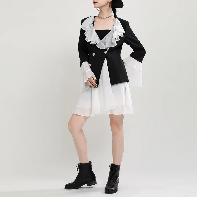 

MSXU 21 Women's 2020 new autumn ruffled shirt stitching suit fake two-piece women's dress