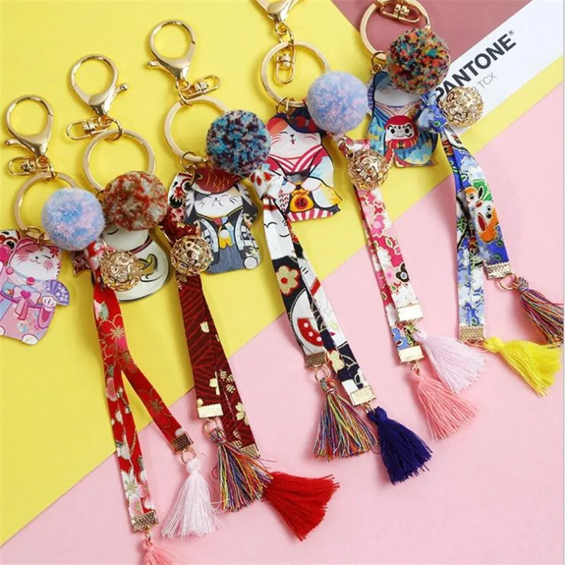 Original Japanese Style New Year Gift Lucky Blue Carp Cat Cherry Blossom Ribbon Key Chain Pendant