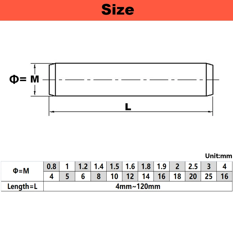 M0.8 M1 M1.5 M2 M2.5 M3 M4 M5 M6 M8 ~M25 Cylindrical Pin Locating Dowel 304 Stainless Steel Fixed Shaft Solid Rod GB119 4~120mm |