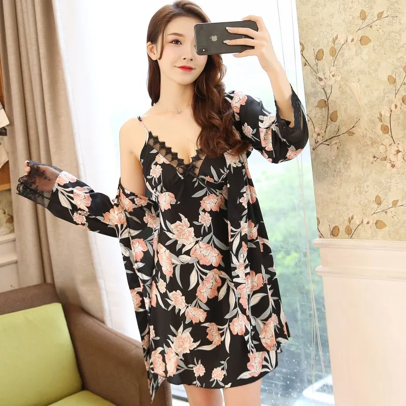 

Printed Flowers Silk Pajamas For Women Sleepwear Bathrobe Daily Casual Lounge Home Lingerie Femme Sexy Robe