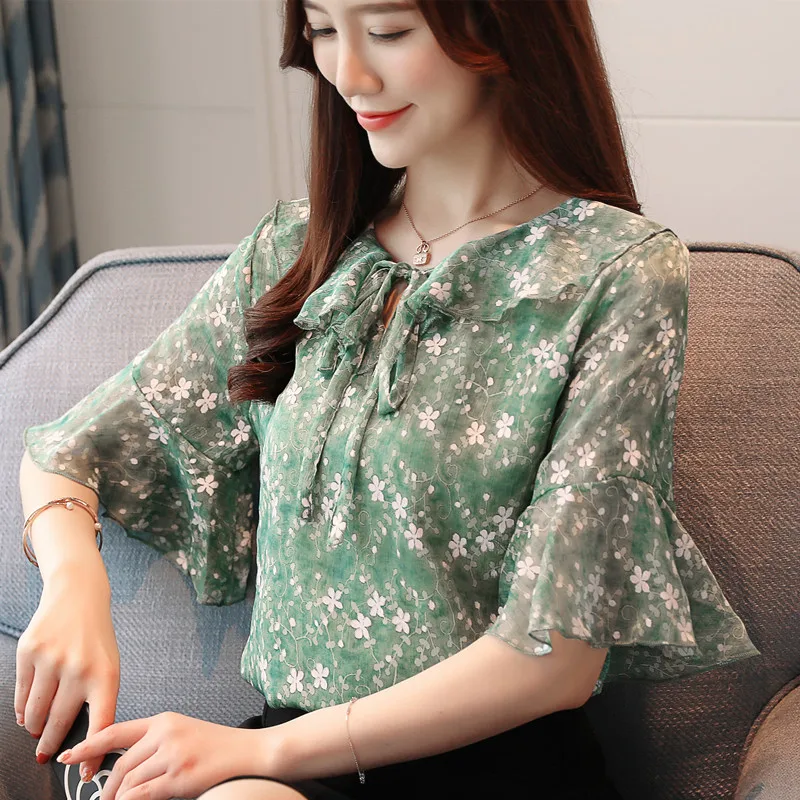 Повседневная Блузка с оборками и круглым вырезом топы Новинка 2019 модная женская