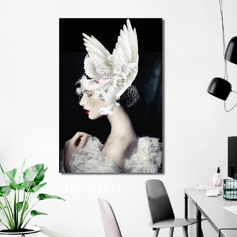 

Graceful White Swan Girl Poster Fashionable Modern Canvas Painting Home Decoration Black And White Wall Picture