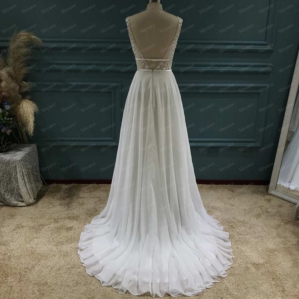 Mryarce Brautkleid mit tiefem Ausschnitt, 3D-Blumenspitze, offener Rücken, Chiffon, A-Linie, rustikale Brautkleider – Detail 6