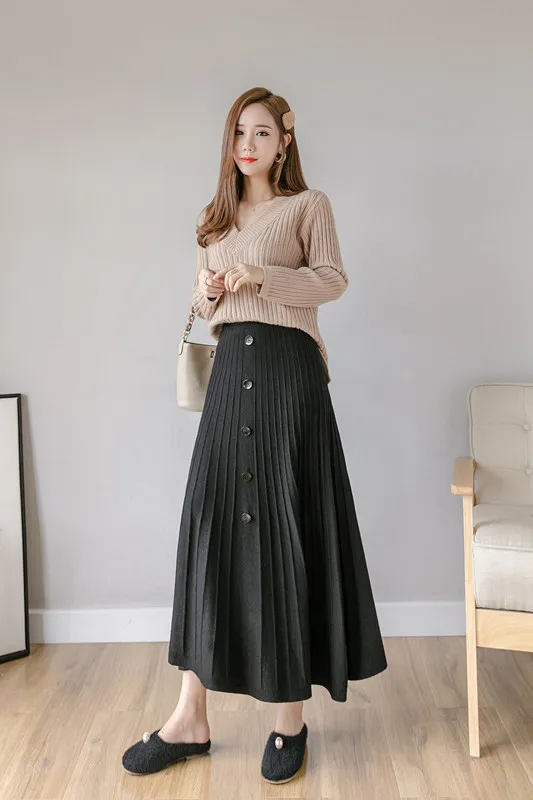 sweater with skirt Комплект из 2 предметов, женский осенне-зимний вязаный пуловер с v-образным вырезом, топ и плиссированная длинная юбка, комплект из 2 предметов, свитер, костюмы - Цвет: sweater with skirt