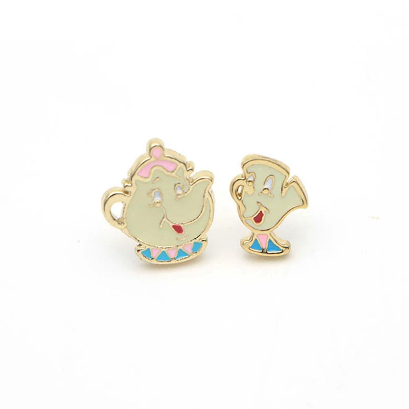 

LT676 Teapot Enamel Lovely Cartoon The beast Earrings Cosplay Jewelry Famous Movie Cups Stud Earring Kids Ear Studs