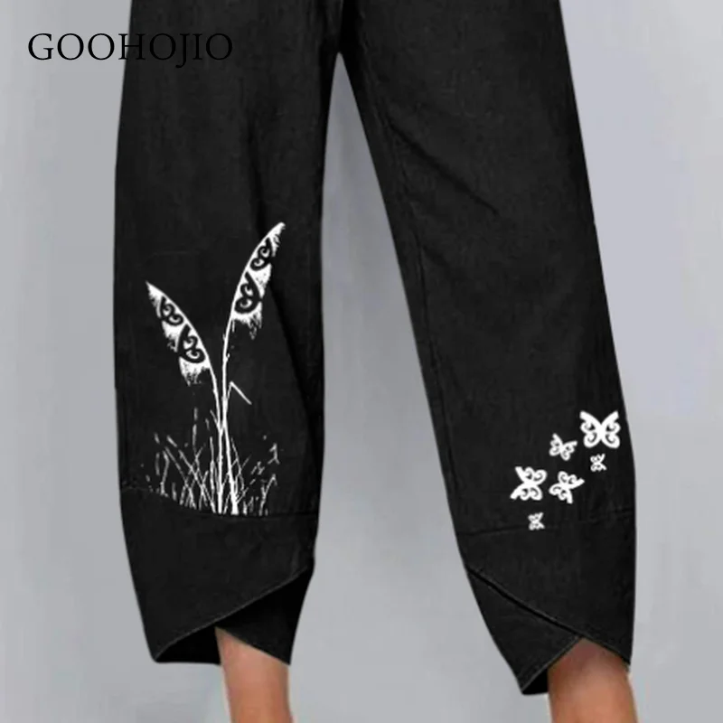 

GOOHOJIO 2021 New Spring Autumn Cotton Linen Printed Trousers Women Wide Leg Pants Casual Pants Ladies Elastic Band Women Pants