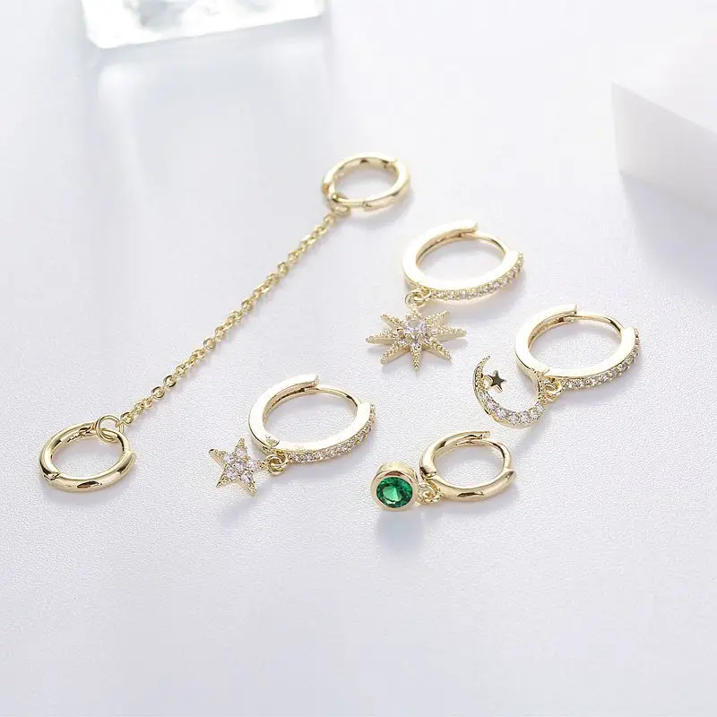 

Dazzling Moon Star Double Ear Hole Earrings Sets Mosaic Cubic Zircon Hoop Earring For Women 5-piece Sets S-E1091