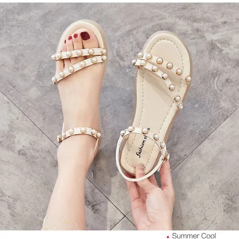 

LaiCai Summer New Fashion Pearl Sandals Women 2021 Thick-soled Word Buckle Korean Casual Shoes Flat Bottom Open Toe Sandals Tide