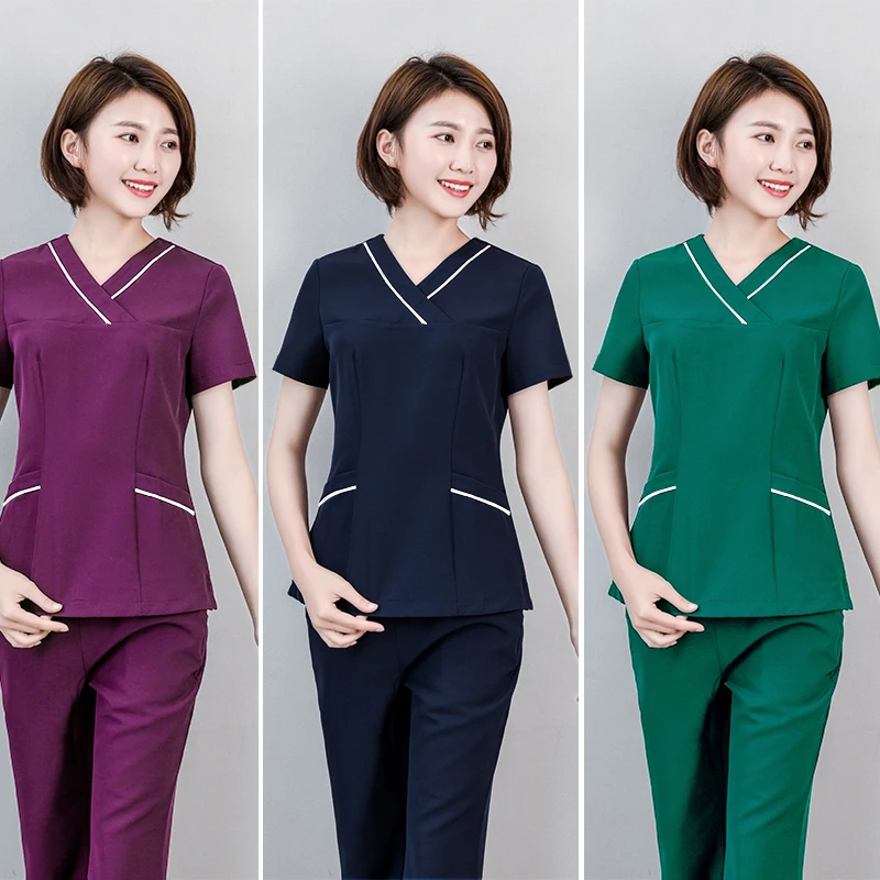 Women Fit Scrub Set New Medical Uniforms Cross Neck Scrub Top Short Sleeve Nurse Workwear Spa Uniforms Elastic Waist Scrub Pants