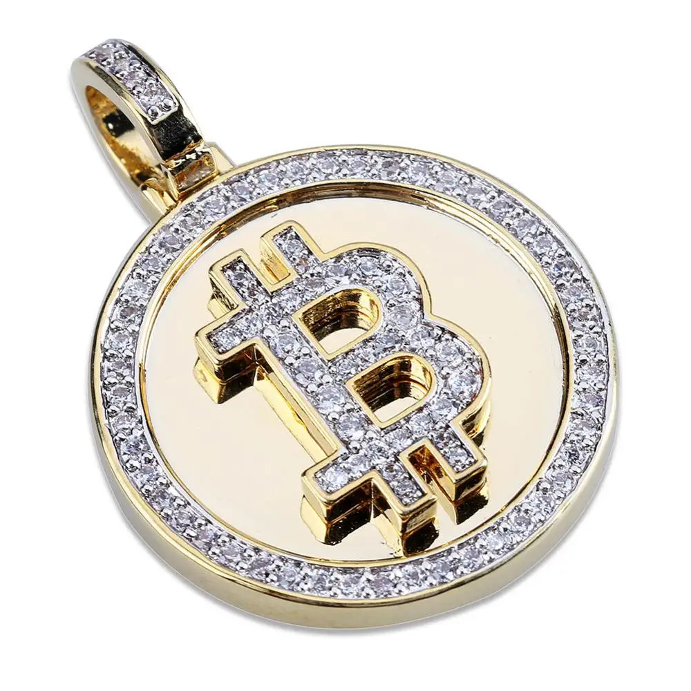 

Hip Hop Pendants Necklaces Gold Color Plated Iced Out Micro Pave CZ Stones Round Bitcoin Pendant Necklace Gifts Men Tennis chain