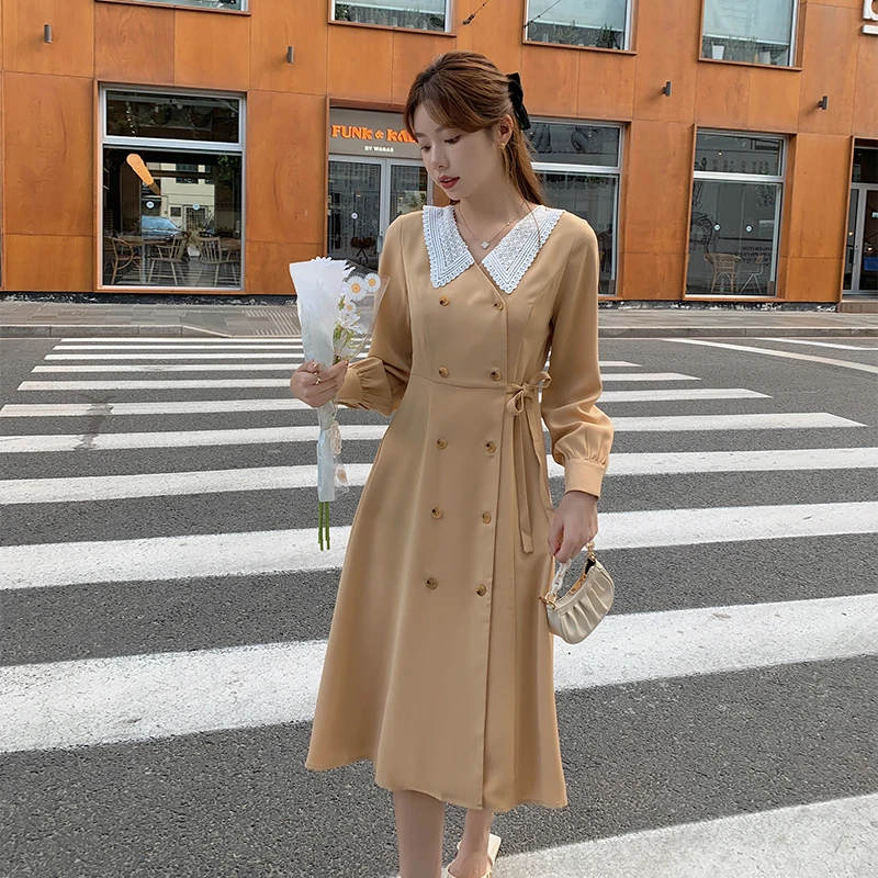 

Женские платья Hebe & Eos, новинка 2021, Элегантное повседневное винтажное кружевное платье во французском стиле с воротником Питер Пэн, длинным р...