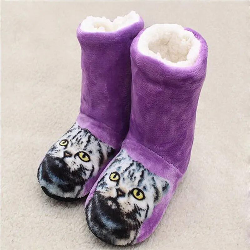 Женские домашние ботинки с принтом кота Зимние ботильоны из толстого плюша