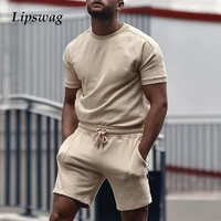 sports mens solid tracksuit o neck t shirt and drawstring shorts outfits 2021 summer casual two piece set men fashion streetwear