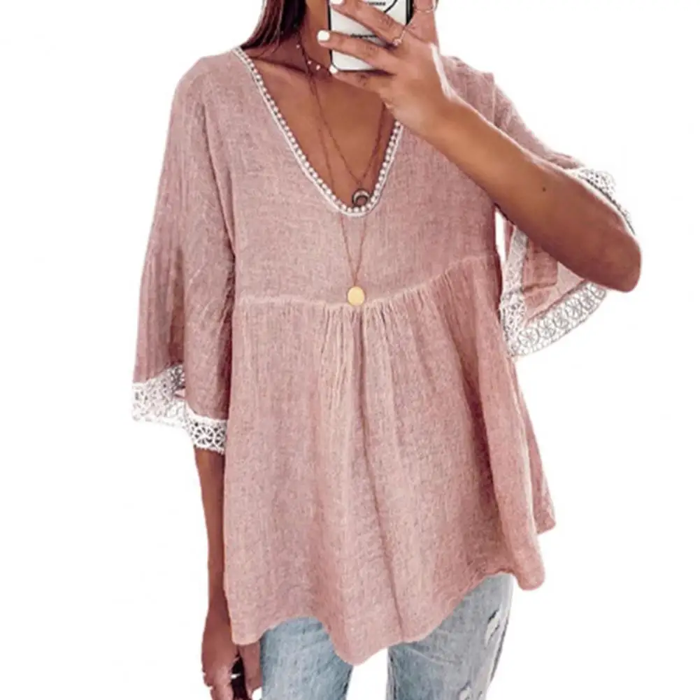 Однотонная женская рубашка с V-образным вырезом и рукавом до локтя | Женская