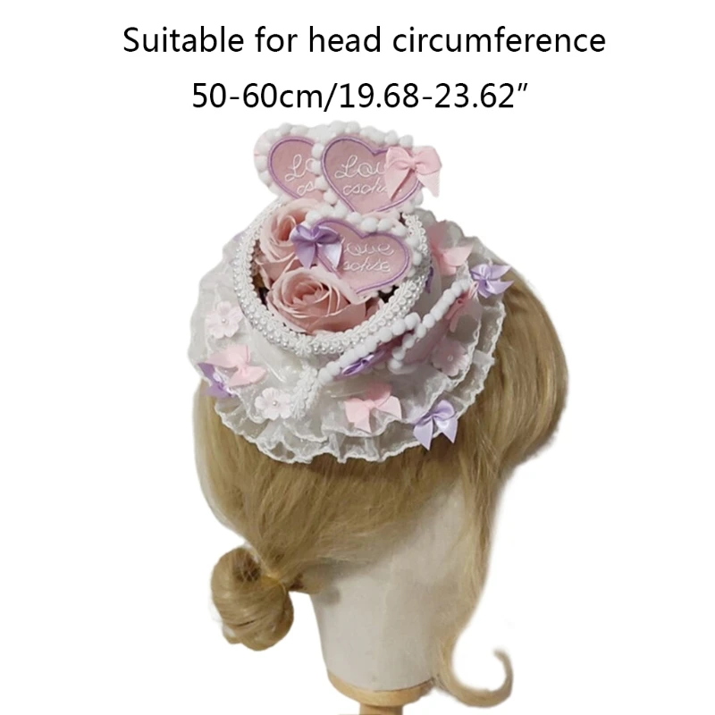 

2021 New Girls Cosplay Hair Hoop Heart Shape Hat Ruffle Lace Lolita Bowknot Hairpin Vintage Royal Style Anime Cosplay Headpiece