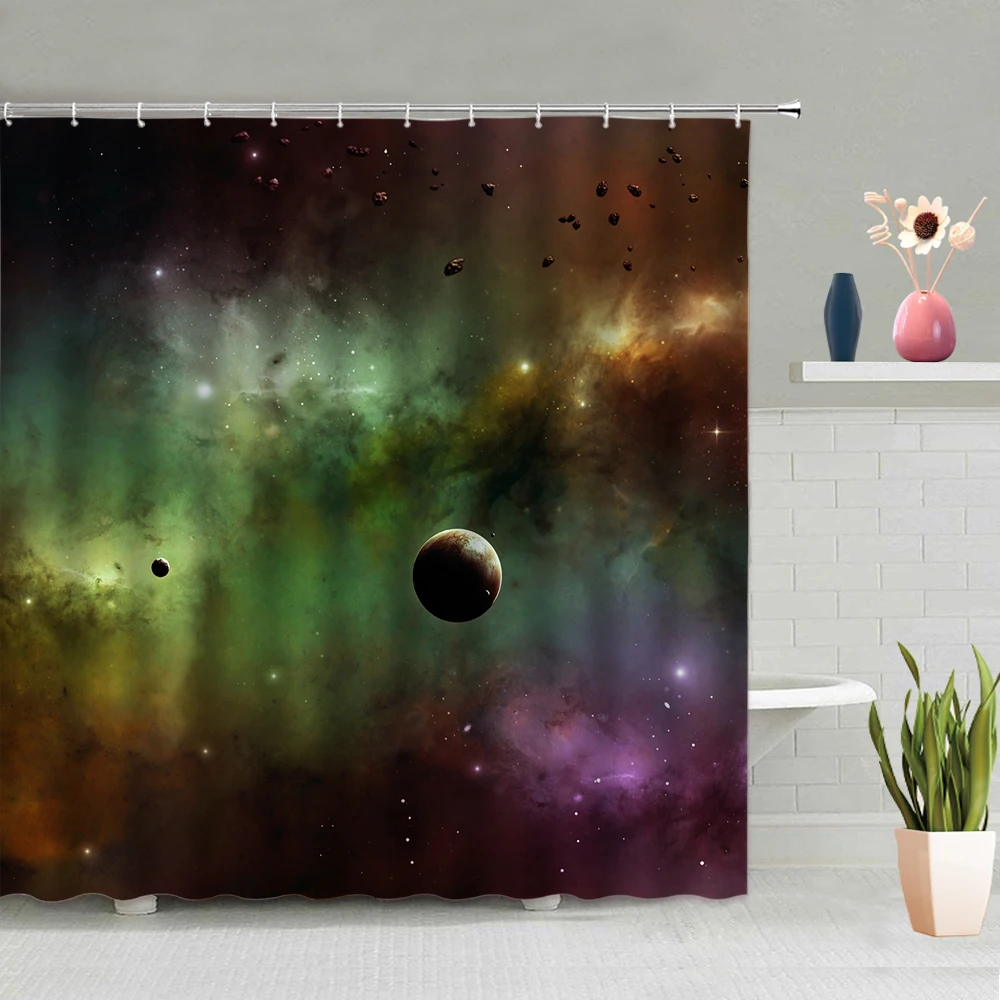 

Starry Sky Shower Curtain Black Night Earth Universe Planet Moon Galaxy Dream Poster Bathtub Decoration Screen Washable Hooks