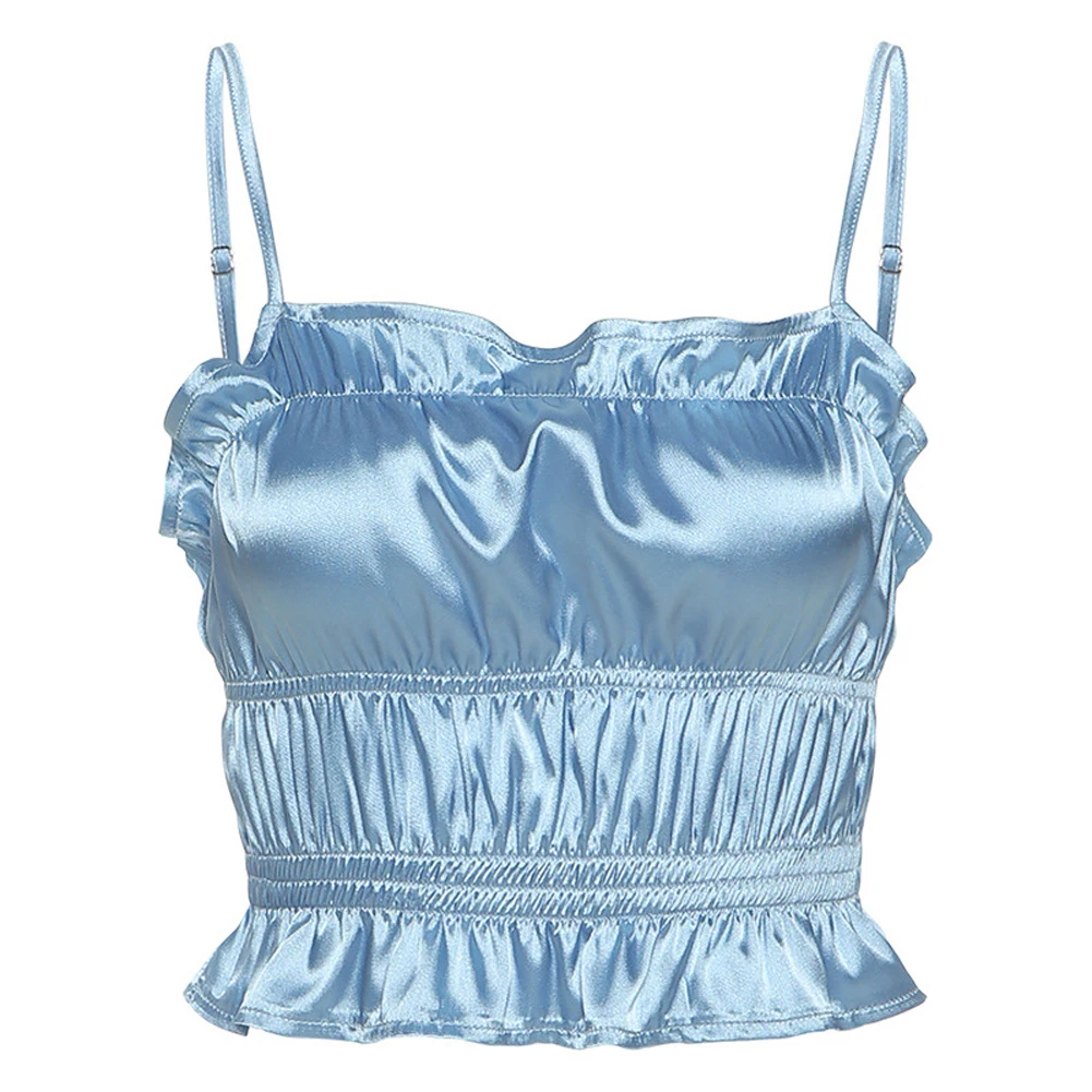 Женские майки с рюшами регулируемые оборками и черный или синий атласный Топ из
