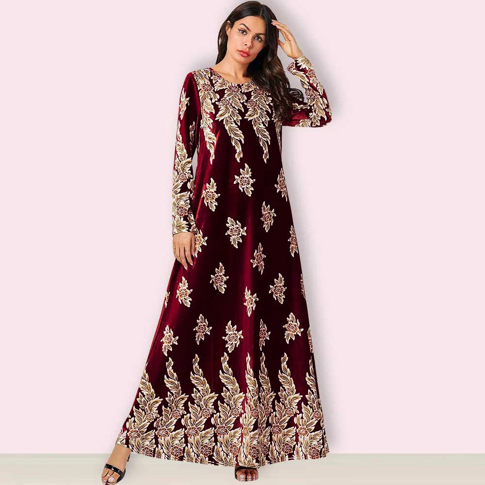 

Elegant Velvet Muslim Dress Women Big Swing A-line Maxi Dress Kimono Jubah Long Robe Print Abaya robe longue femme musulma