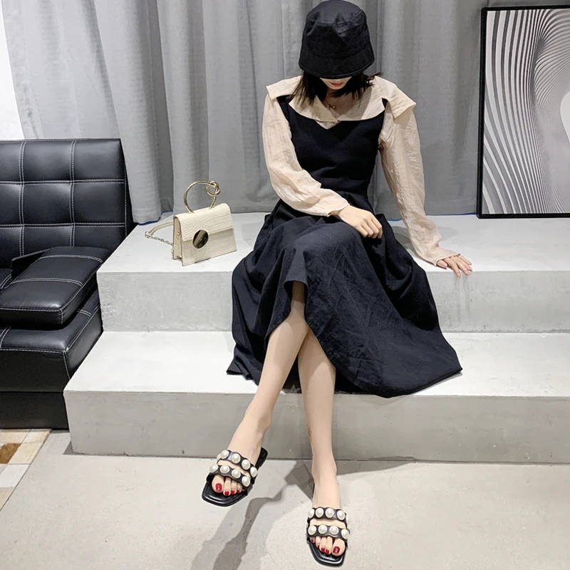 

Shoes Woman 2021 Slippers Casual String Bead Low Beige Heeled Sandals Pantofle Luxury Summer Flat Black New PU Fabric Basic Rubb