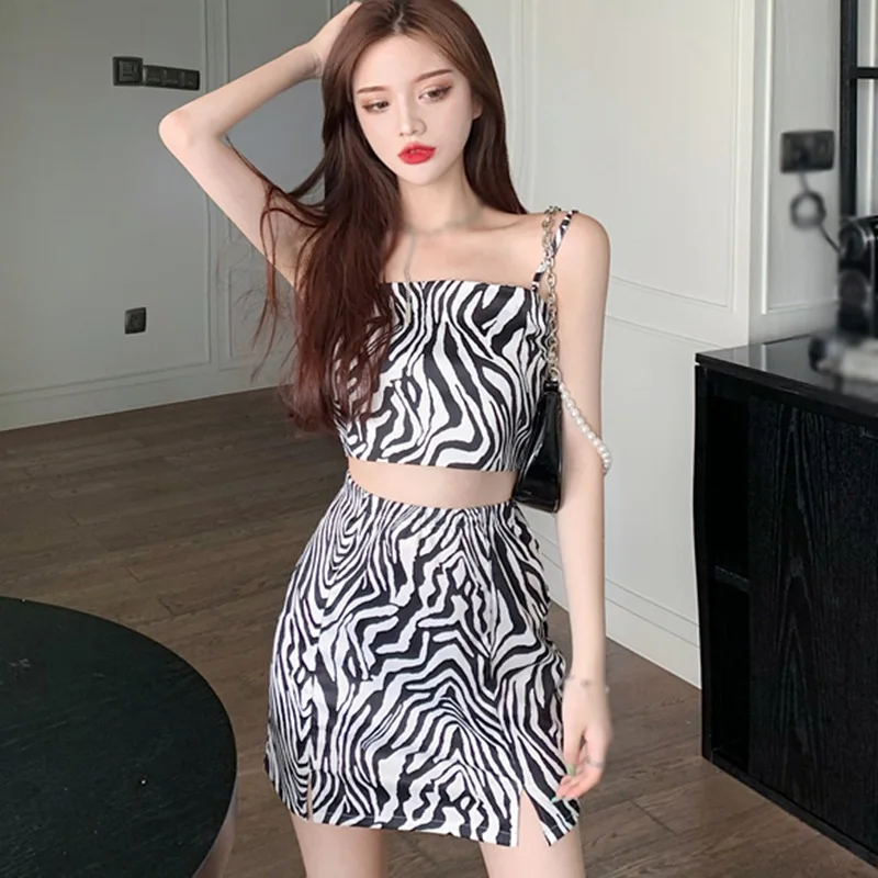 

Summer Temperament Strapless Sling Set Female Clothes Women's Zebra Sexy Camisole Tops+ High Waist Skirt Two-Piece Set