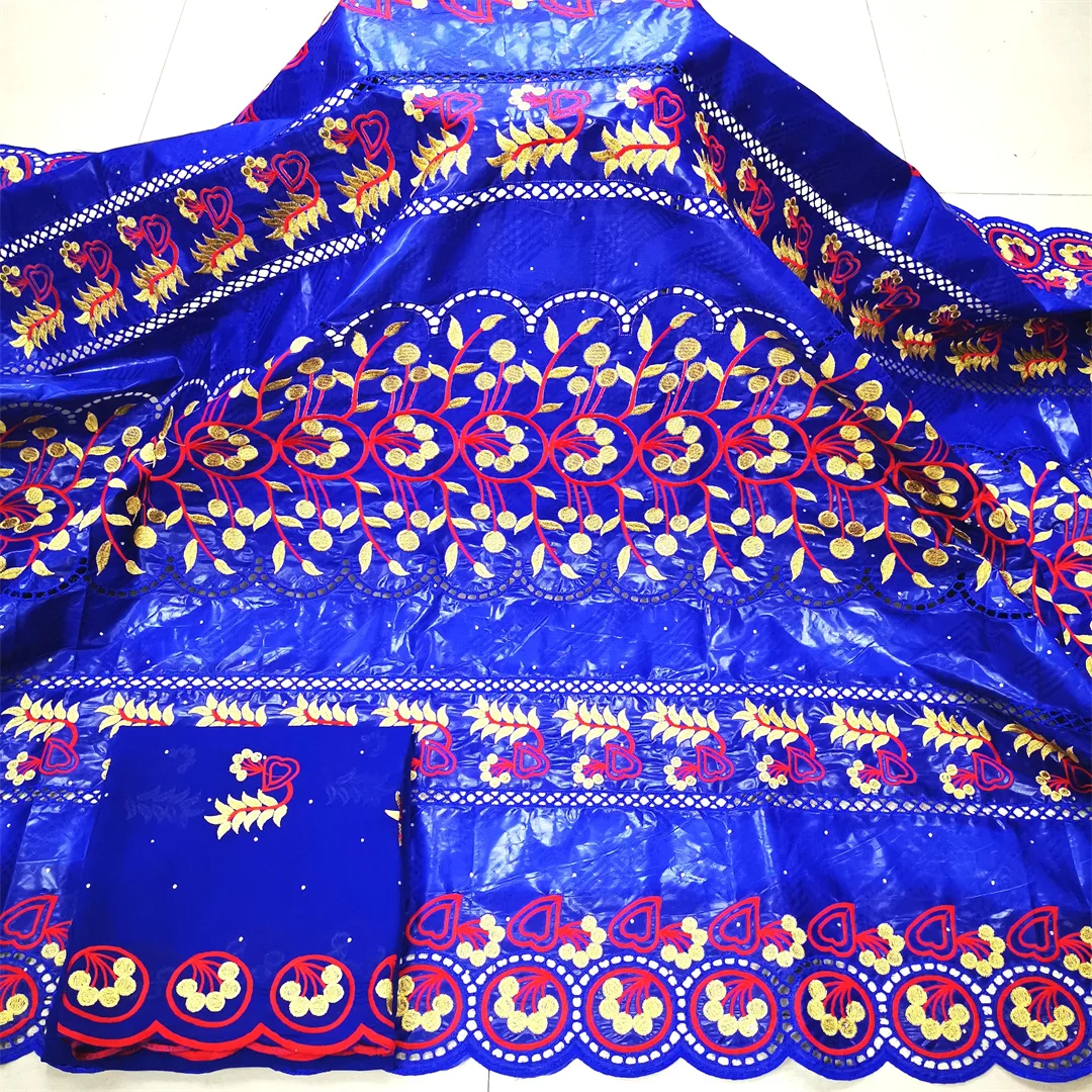 

Blue 2021 New Arrival African Bazin Riche Brocade Fabric With Embroidery Lace For Dress African Lace Fabric Material 5+2Yards
