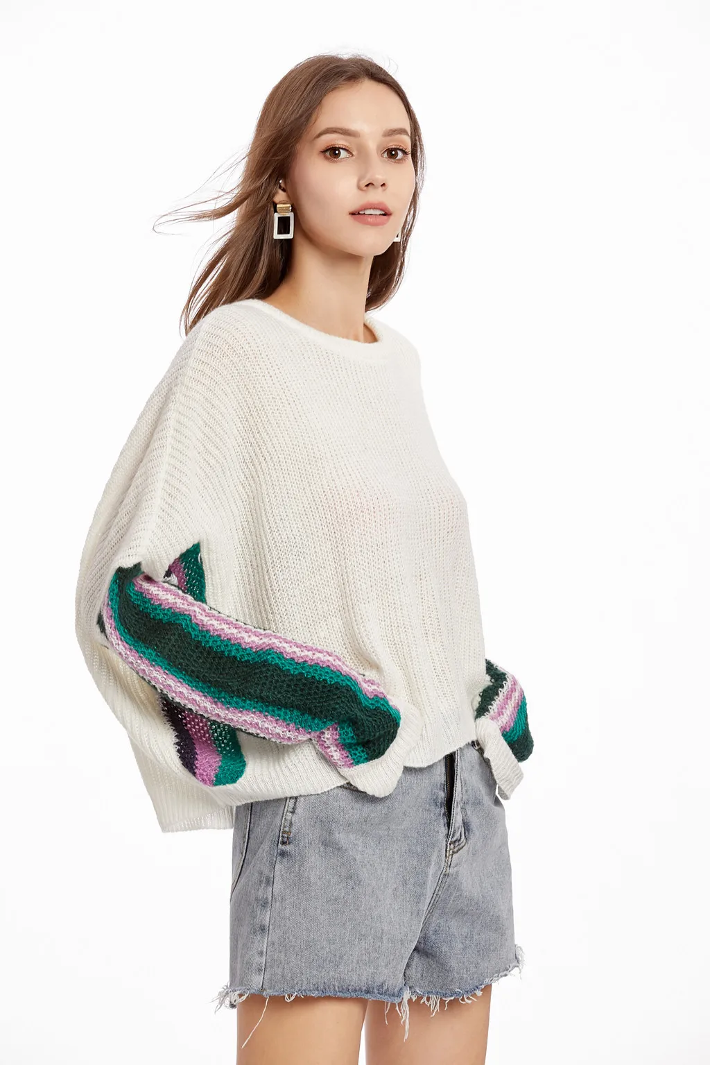 Sweater women plus size Autumn Winter Warm Long Sleeve Round Collar Bat Rainbow Stripe Knit Tops W1010 | Женская одежда