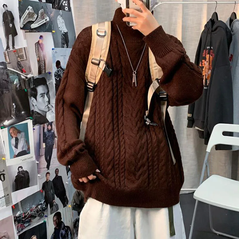 Свитер мужской вязаный осенне-зимний однотонный с высоким воротником винтажный