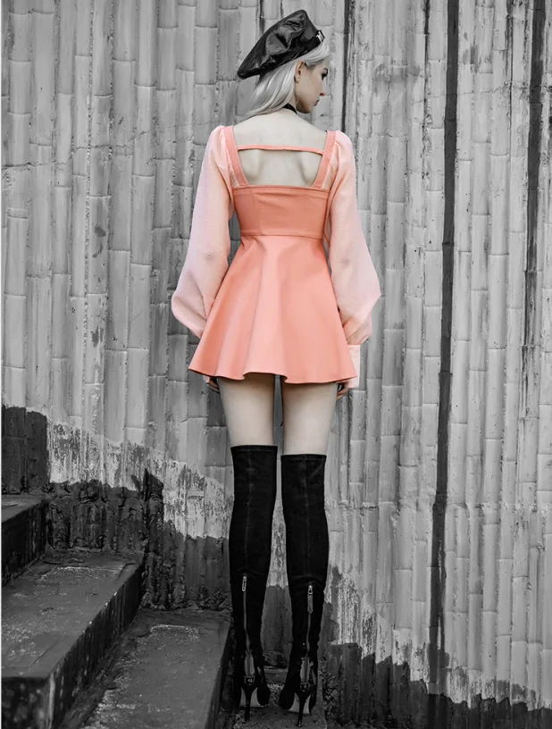 Женские платья с квадратным воротником в стиле панк пышными рукавами и открытой