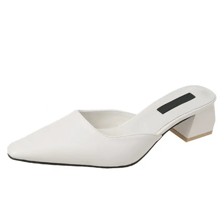 

Pointed Toe Shoes Woman 2021 Med Female Slippers Luxury Slides Square heel Mules Sexy Loafers Cover New Designer Block Summer Se