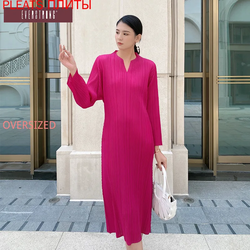 

Женское платье Miyake, осенне-зимнее свободное однотонное платье с v-образным вырезом и длинными рукавами, плиссированное платье