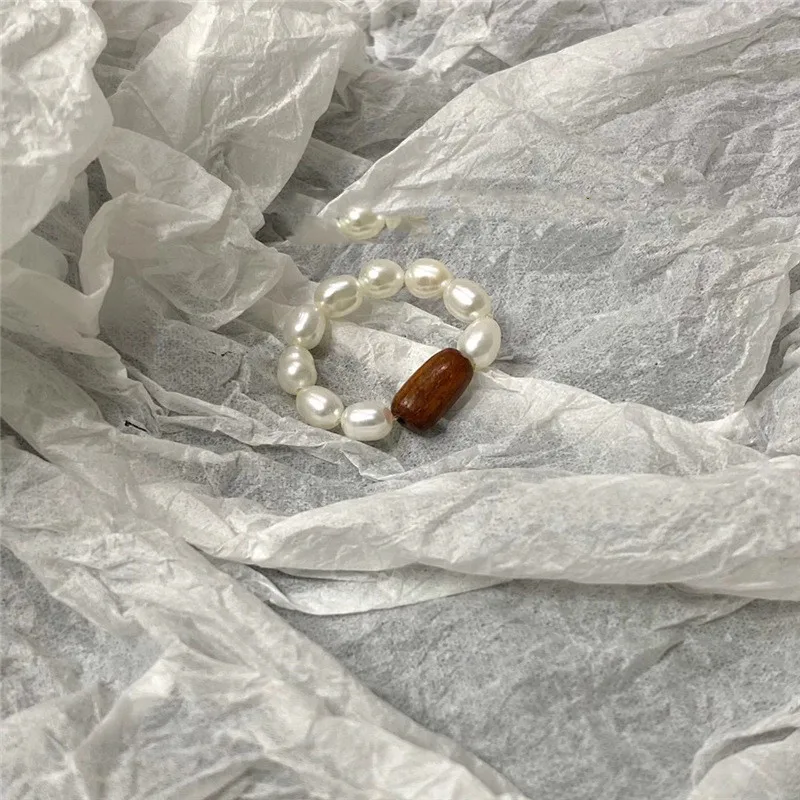 

Minar Minimalist Natural Freshwater Pearl Charm Rings for Women Irregular Wooden Adjustable Ring Elegant Wedding Accessories