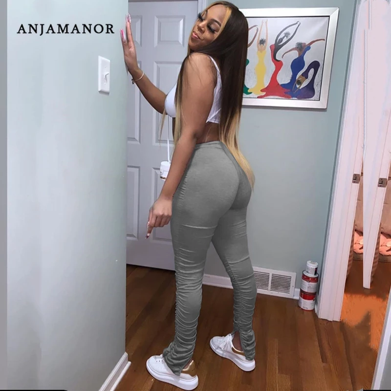 ANJAMANOR Разделение Ruched уложены женские леггинсы спортивные брюки размера плюс