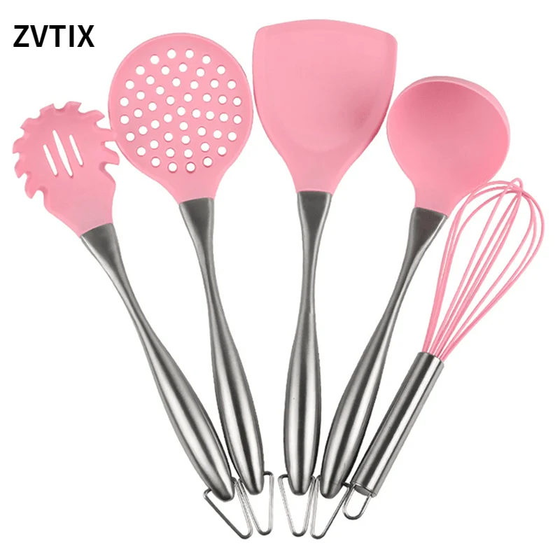 

Kitchenware Set Stainless Steel Handle Silicone Egg Beater Soup Spoon Spatula Pink 5 Pieces Gadgets Cooking Mixer Tableware Best
