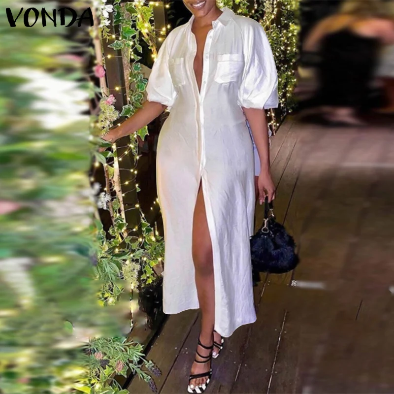 

VONDA 2021 Casual Lapel Button Down Shirt Dress Women Summer Half Sleeve Bohemian Vestidos Ladies Oversized Split Hem Robes