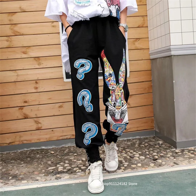

2021 Summer New Style Legging Casual Pants Female Cartoon Age-Reducing Sequined Rabbit Age-Reducing Loose Straight-Leg Trousers