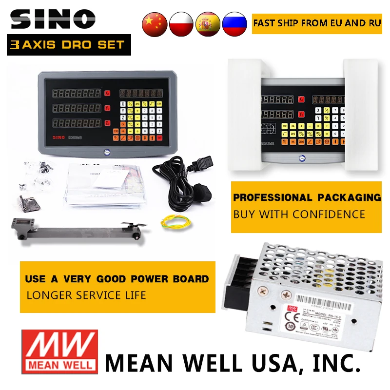 SINO 3 Axis SDS3MS Dro Set Digital Readou Kit YHSINO With 3PCS Linear Scale 5U Length 120mm to 1020mm for Lathe Mill CNC Machine |