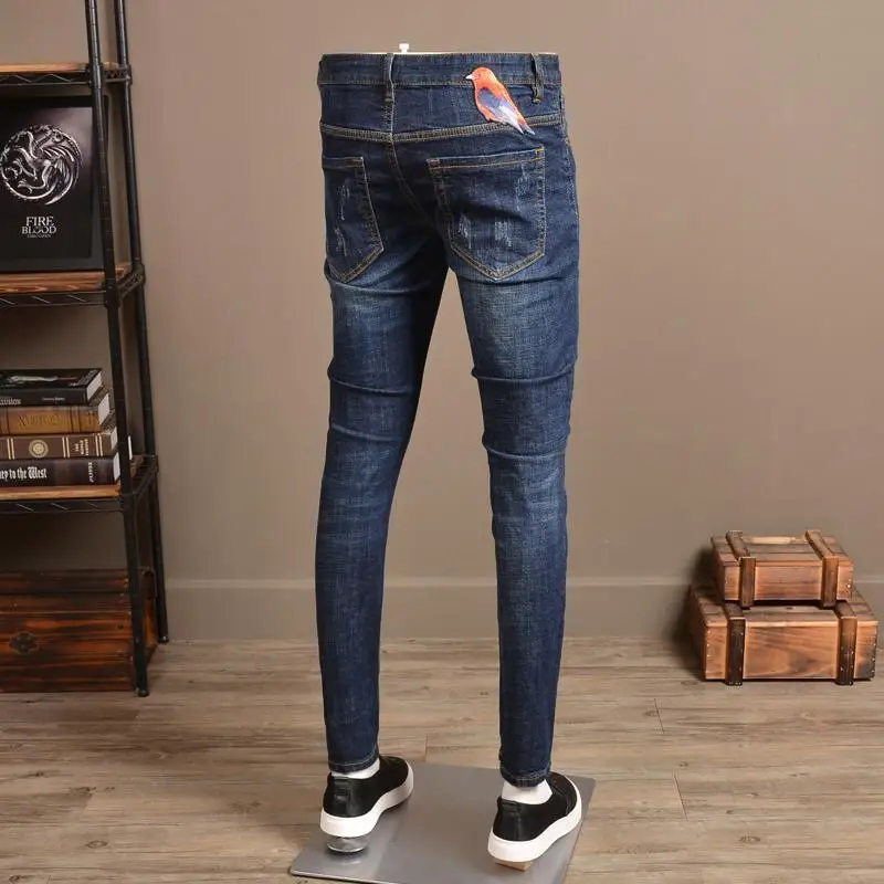 Mens Hole Fashion Ripped Jeans Animal Printing Casual Pants Stretch Slim Denim Pants Men Spring Fall Patchwork Trousers Male