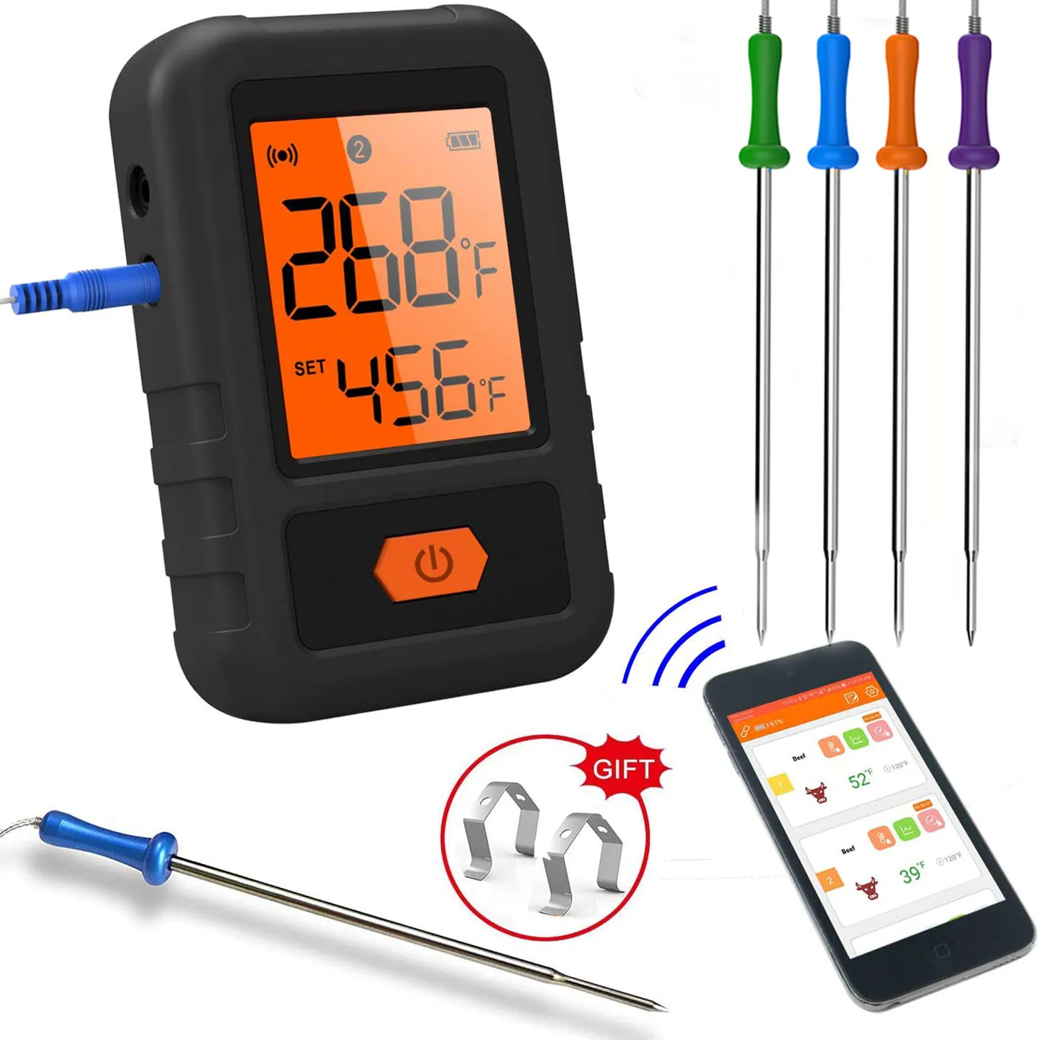 

Wireless Bluetooth Food Meat Thermometer Remote 4 Probes for Grill Barbecue Cooking Smoker Oven Kitchen