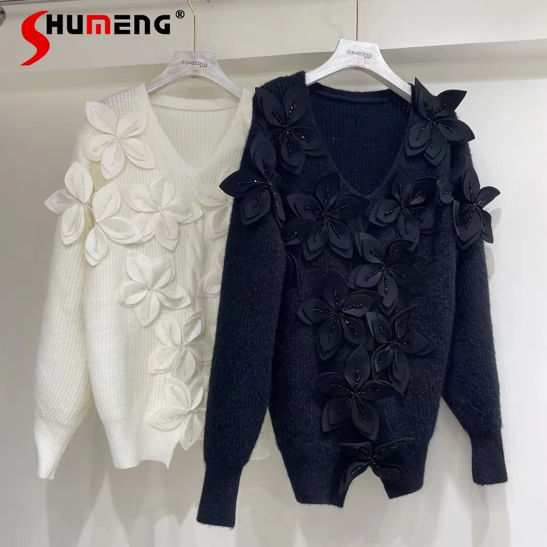 

2021 New Autumn Winter Sweaters Women's V-neck Bead Three-Dimensional Flower Slit Hemline At Hem Loose Solid Color Wool Pullover