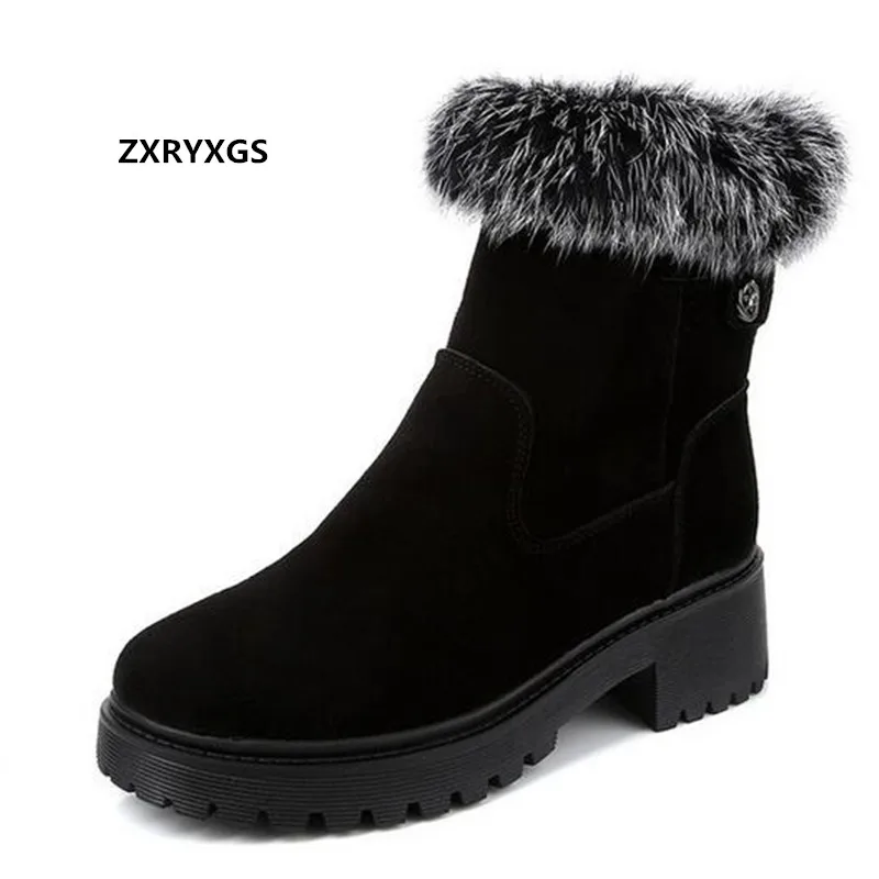 

High-end Frosted Cowhide Rabbit Fur Decoration Winter Boots Fashion Warm Snow Boots Non-slip Thick Heels Women Boots Trend Shoes