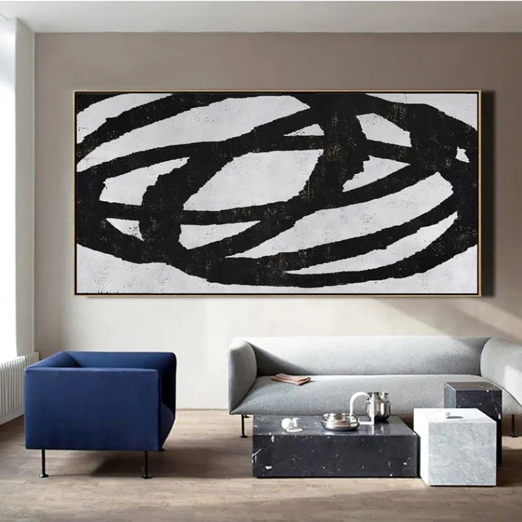 

Картина на холсте, современное искусство, черно-белое минималистическое искусство, большой геометрический рисунок, горизонтальная живопись, настенная живопись