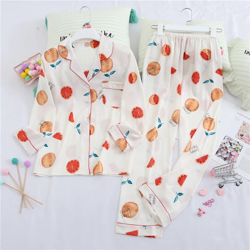 Создание 101 шелковые пижамы для женщин милый фруктовый принт с длинными рукавами