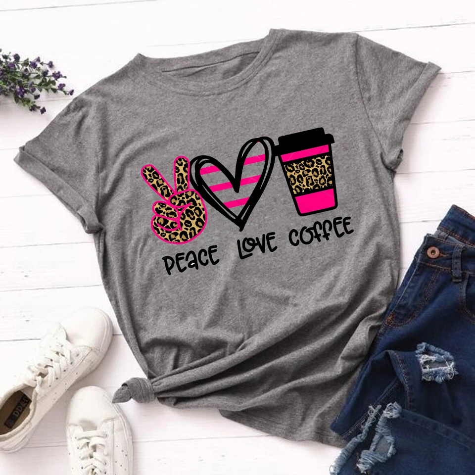 

Fashion Woman 2021 Tops Tshirt Leopard Peace Love Coffee футболки T Shirt Casual O-neck T-shirt Summer Female Tee Shirts Women
