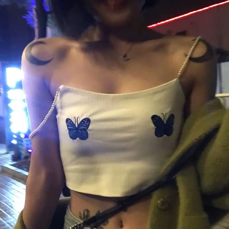Женский укороченный топ в стиле Харадзюку уличный с вышивкой бабочки на лямках