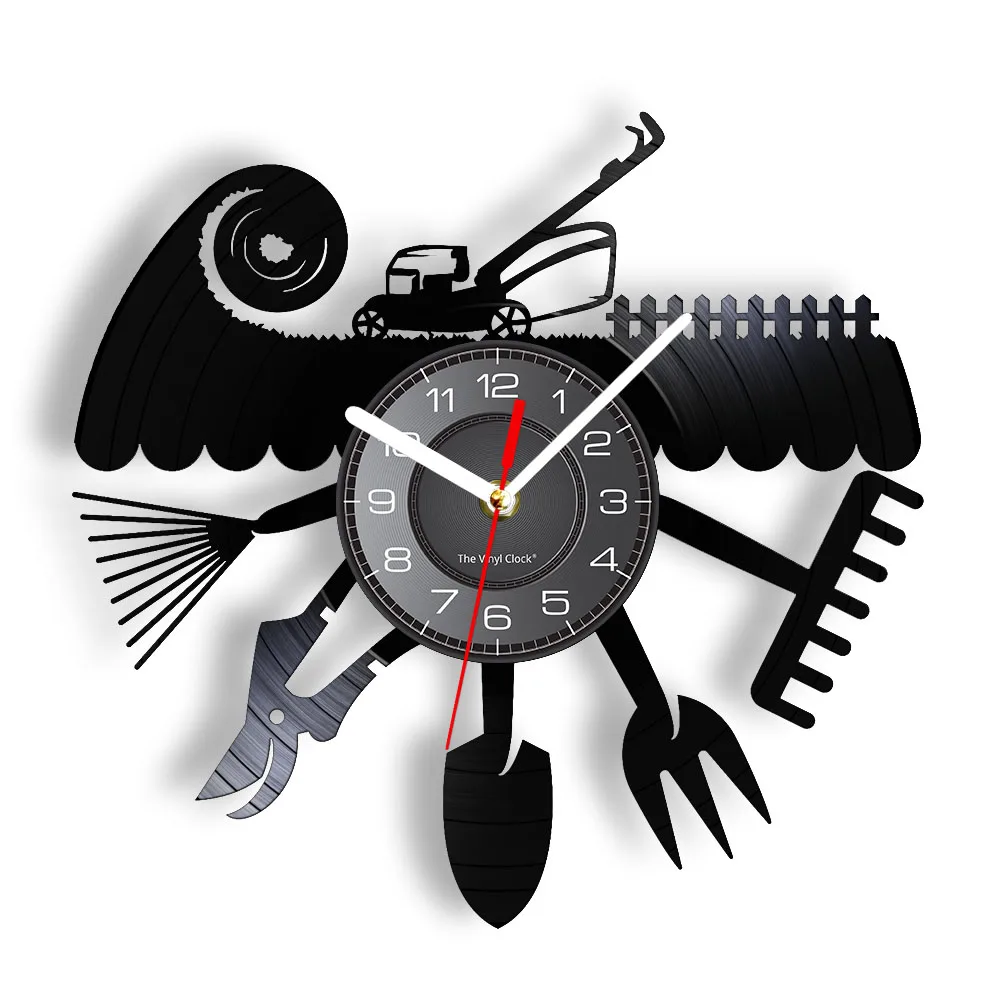 

Landscaper Gardening Tools Inspired Silent Quartz Wall Clock Terrarium Decor Planting Hobby Carved Gramophone Music Record Clock
