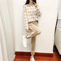 knitted carrot pant 2 piece sets argyle cropped hooded women sweater big pocket harem pants two piece women tracksuits
