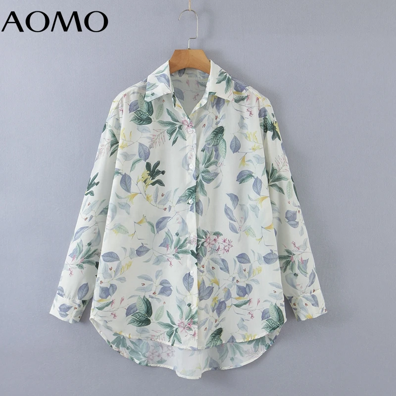 

AOMO Women Vintage Green Leaves Print Loose Shirt Long Sleeve 2021 Chic Female Casual Shirt RB33A