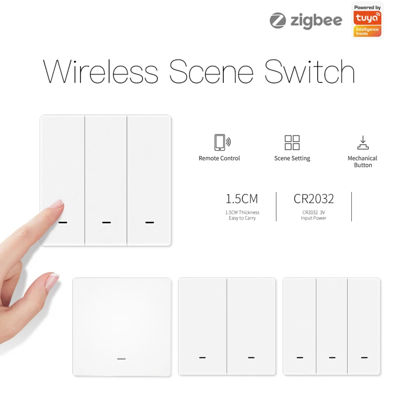 

Tuya ZigBee Wireless Scene Switch 1-3 Gang Push Button Controller Battery Powered APP Smart Life Home Switches Gateway Require